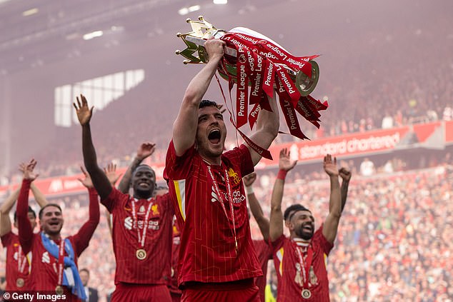 Robertson celebrates winning the Premier League for the second time with Liverpool