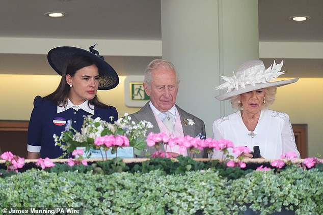 Sophie Winkleman sits with King Charles III and Queen Camilla as they eagerly watch the races unfold on day four of Royal Ascot