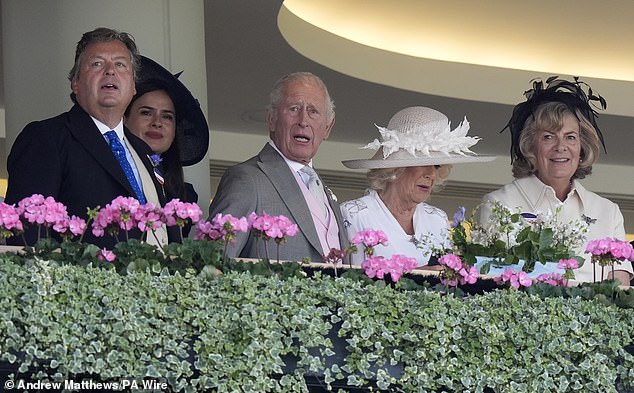 Lord Frederick Windsor, Sophie Winkleman, King Charles III, Queen Camilla and The Marchioness of Lansdowne watch the Sandringham Stakes on day four of Royal Ascot