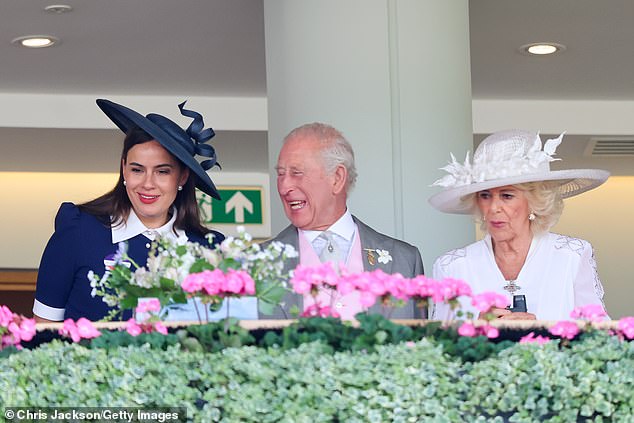 Charles shares a hearty chuckle with Sophie Winkleman as they watch day four of Ascot form the royal box with Queen Camilla