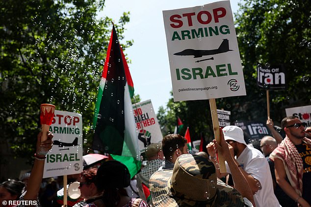 Demonstrators were heading to Whitehall from Russell Square in central London and waveds Palestinian flags and chanted 'free, free Palestine ,' 'occupation no more, ' Israel is a terrorist state,' and 'stop bombing Iran'.
