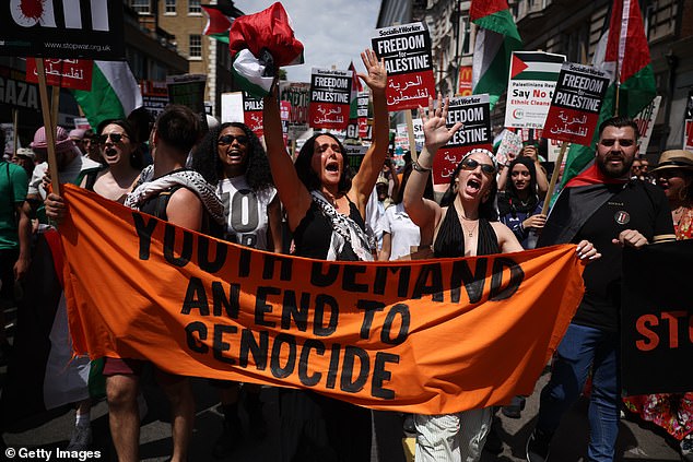 Group of women hold up sign saying 'Youth demand an end to genocide'