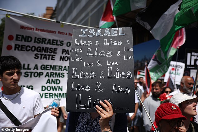 Demonstrators hold Palestinian flags and placards during a protest in support of Palestine