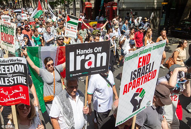 People holding up placards defending Iran as well Iranian flags being waved around