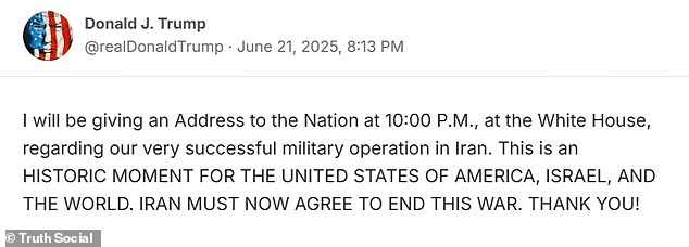 Trump's Truth Social post, announcing that he will be addressing the nation Saturday, June 21, 2025.