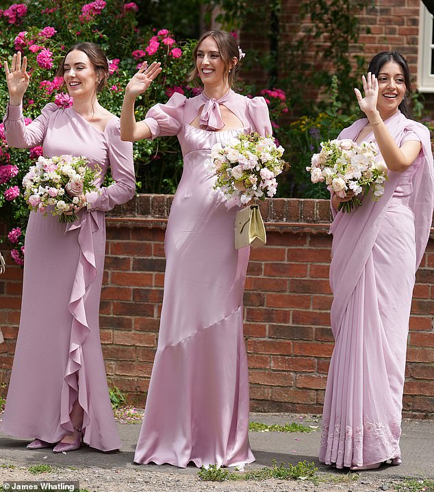 The bridesmaids carried pale pink rose bouquets that co-ordinated with their violet-hued gowns. From left, Lady Eliza Manners, Lady Alice Manners and Devisha Kumari Singh