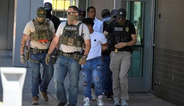 Immigration officers have swooped on amateur football matches in the United States (pictured: ICE agents and law enforcement officers outside an immigration court in Phoenix, Arizona)
