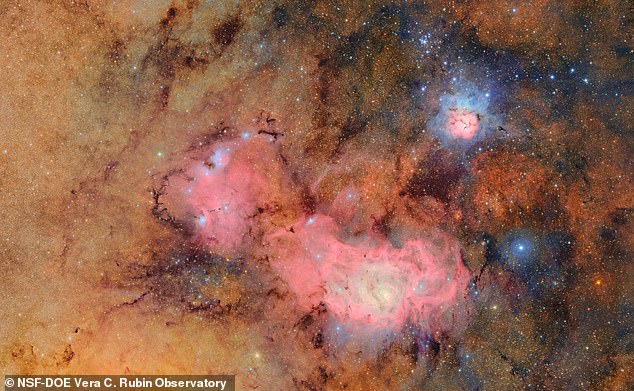 Scientists have revealed the first images from the world's largest digital camera, the Vera C Rubin Observatory. This image shows the pink clouds of the Trifid Nebula (middle) and the smaller stellar nursery of the Lagoon Nebula (top right), located around 9,000 light-years from Earth