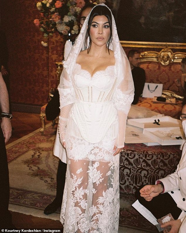 It has become a go-to wedding choice for many an A-lister, from reality show stars to royalty. Kourtney Kardashian pictured in a Dole wedding dress