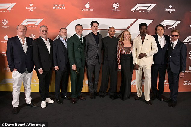 (L to R) Hans Zimmer, Chad Oman, Shea Whigham, Brad Pitt, Joseph Kosinski, Lewis Hamilton of Great Britain and Scuderia Ferrari, Kerry Condon, Damson Idris, Jeremy Kleiner and Jerry Bruckheimer attend the European Premiere of 'F1: The Movie' at Cineworld Leicester Square