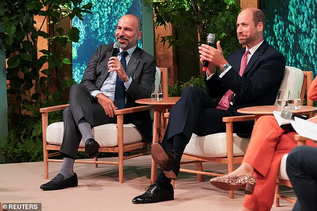 Prince William sat on a panel with Uber CEO Dara Khosrowshahi (left)