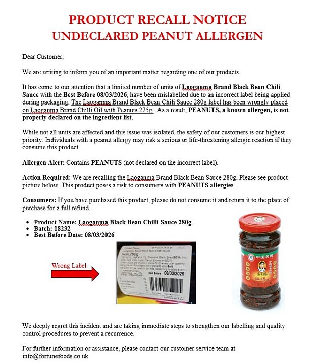 Distributor Fortune Foods Ltd has issued a recall of batch code 18232 with a best-before date of 8 March 2026