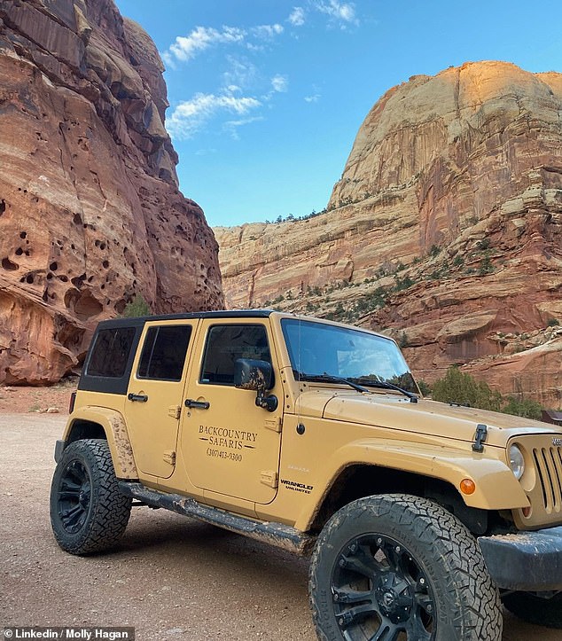 With her background in wildlife, Hagan quickly recognized the potential danger and put distance between herself and the bear, weaving her way to the back of the crowd (pictured: Jeep for tours with Backcountry Safaris)