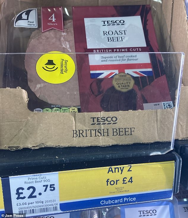 Packets of sliced roast beef costing £2.75 have also slapped with security tags in Tesco