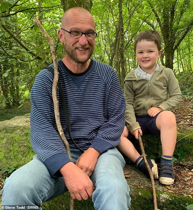 Steve Todd (pictured with his son), 45, was paralysed after falling down the stairs at his home in Redruth, Cornwall during a diabetes induced dizzy spell