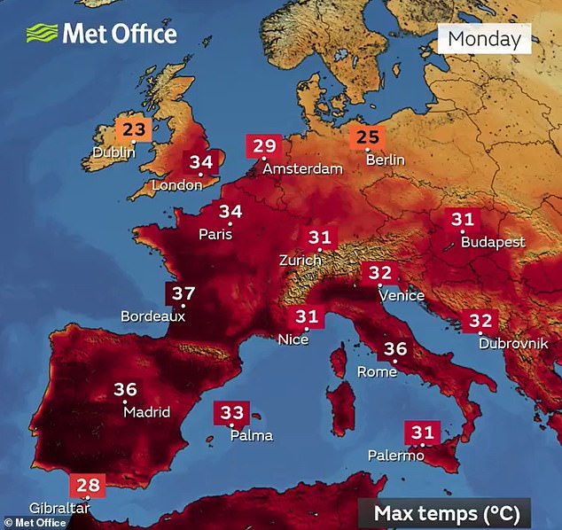 The intense heat is set to continue across Europe tomorrow with temperatures reaching 37C in France