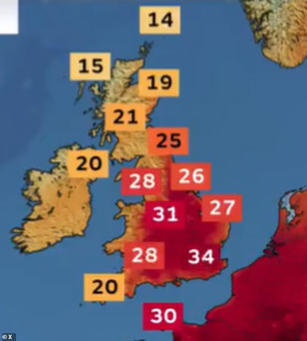 Temperatures will soar to a searing hot 34C in the UK on Monday, forecasters say, as Europe swelters in a 'heat dome'