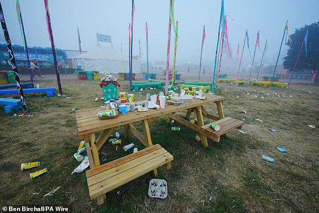 The catering area covered in litter ahead of the clean up operation at the end of the Glastonbury Festival