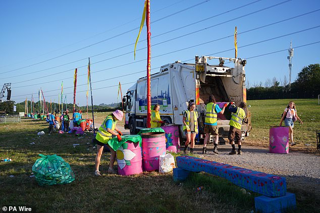 The clean up operation begins at the end of the Glastonbury Festival at Worthy Farm