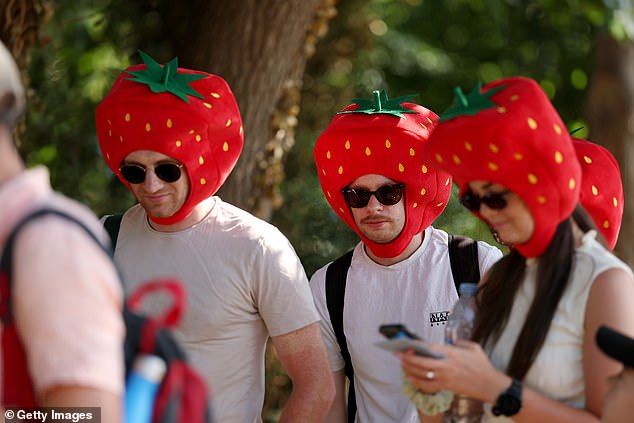 Wimbledon fans donning strawberry hats hoping to get tickets this morning