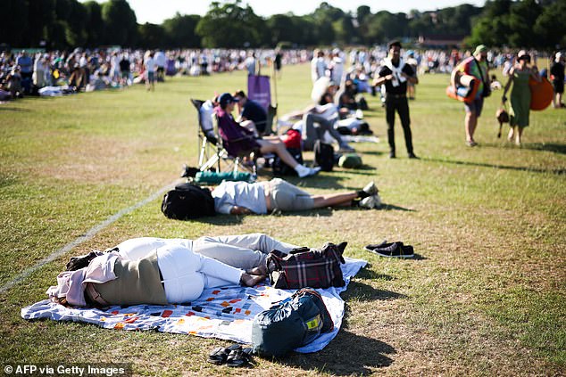 Tennis fans protect themselves from the sun as they queue for tickets