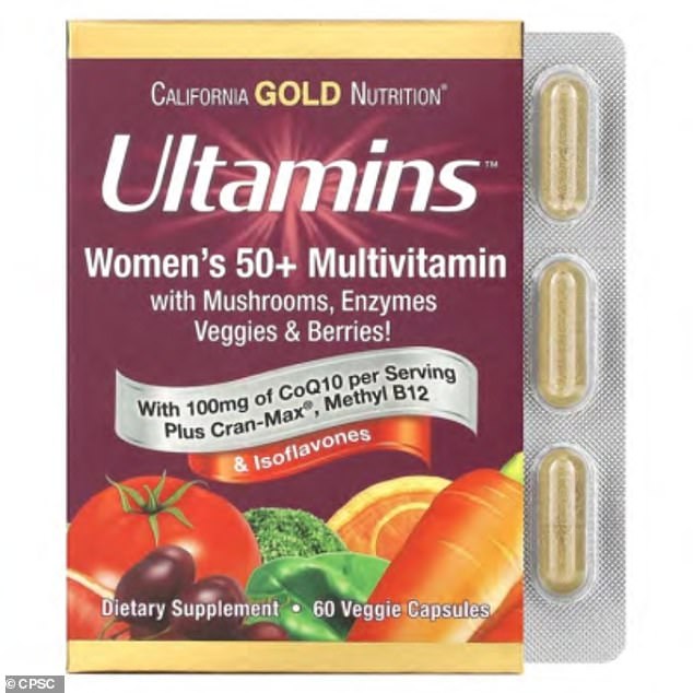 The California Gold Nutrition supplements, including Ultamins Women's 50+ Multivitamins (pictured), all use packaging that did not meet federal law requiring child-resistant materials