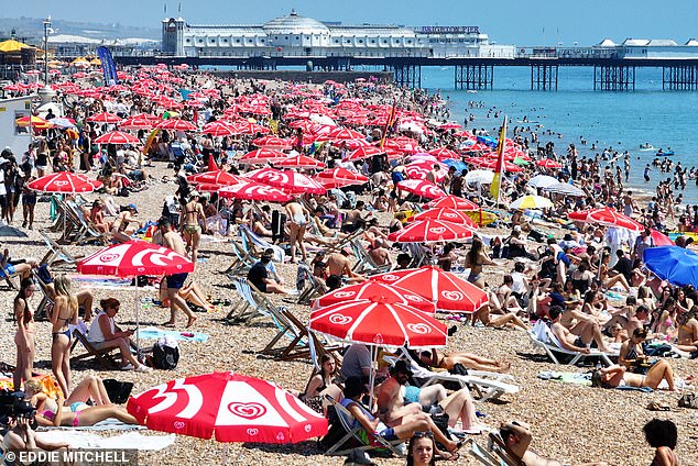 Photos showed packed out beaches and rammed swimming pools as people try and escape the heat. Pictured: Beach-goers in Brighton
