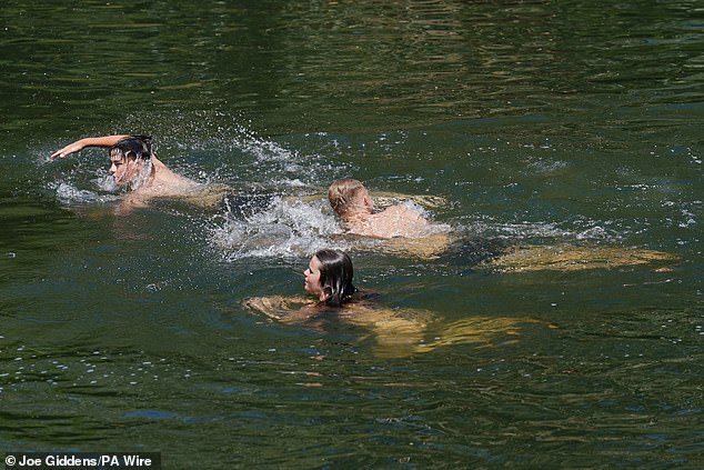 People swim in the River Nene in Peterborough, Cambridgeshire