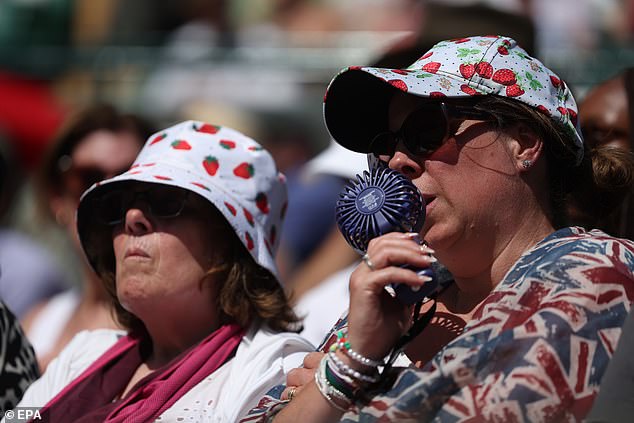 A person (R) uses a handheld fan as they attend the Wimbledon Championships