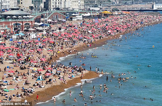 Sunseekers arrived en masse to Brighton, East Sussex, where the beach was visibly packed