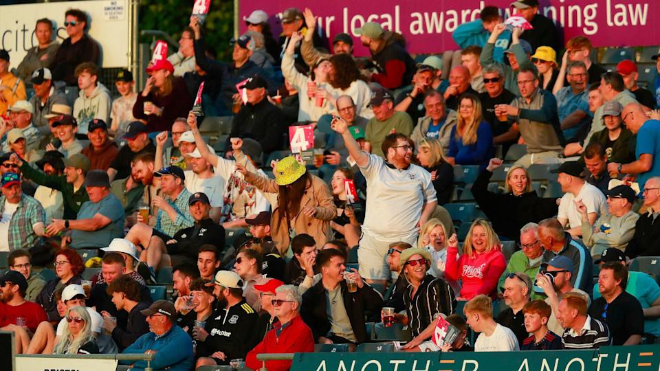 Gloucestershire cricket fans cheer on their team from the stands during the T20 match with Kent at the County Ground in Bristol