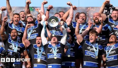 Bath players celebrate winning the Premiership grand final