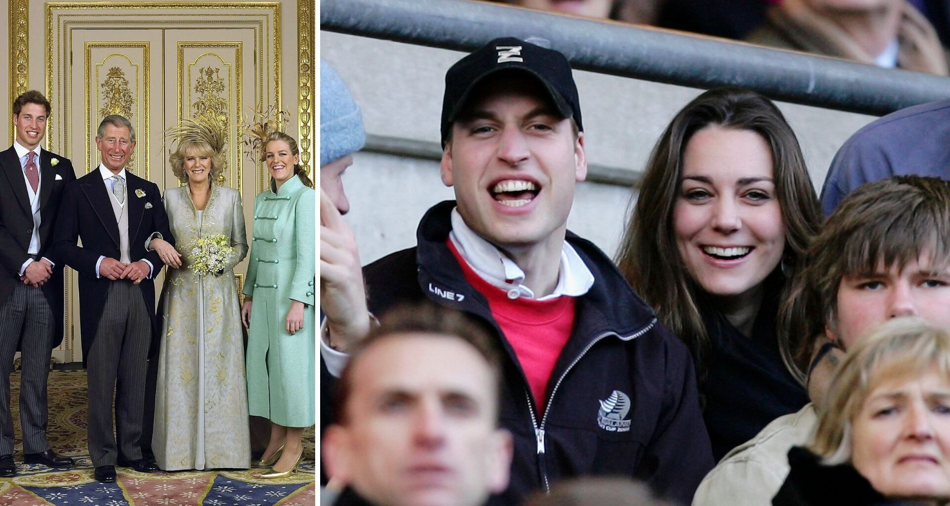 L-Charles and Camilla on their wedding day, R- Prince William and Kate Middleton watch the rugby