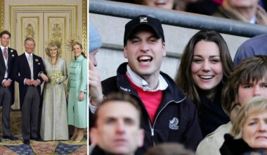 L-Charles and Camilla on their wedding day, R- Prince William and Kate Middleton watch the rugby