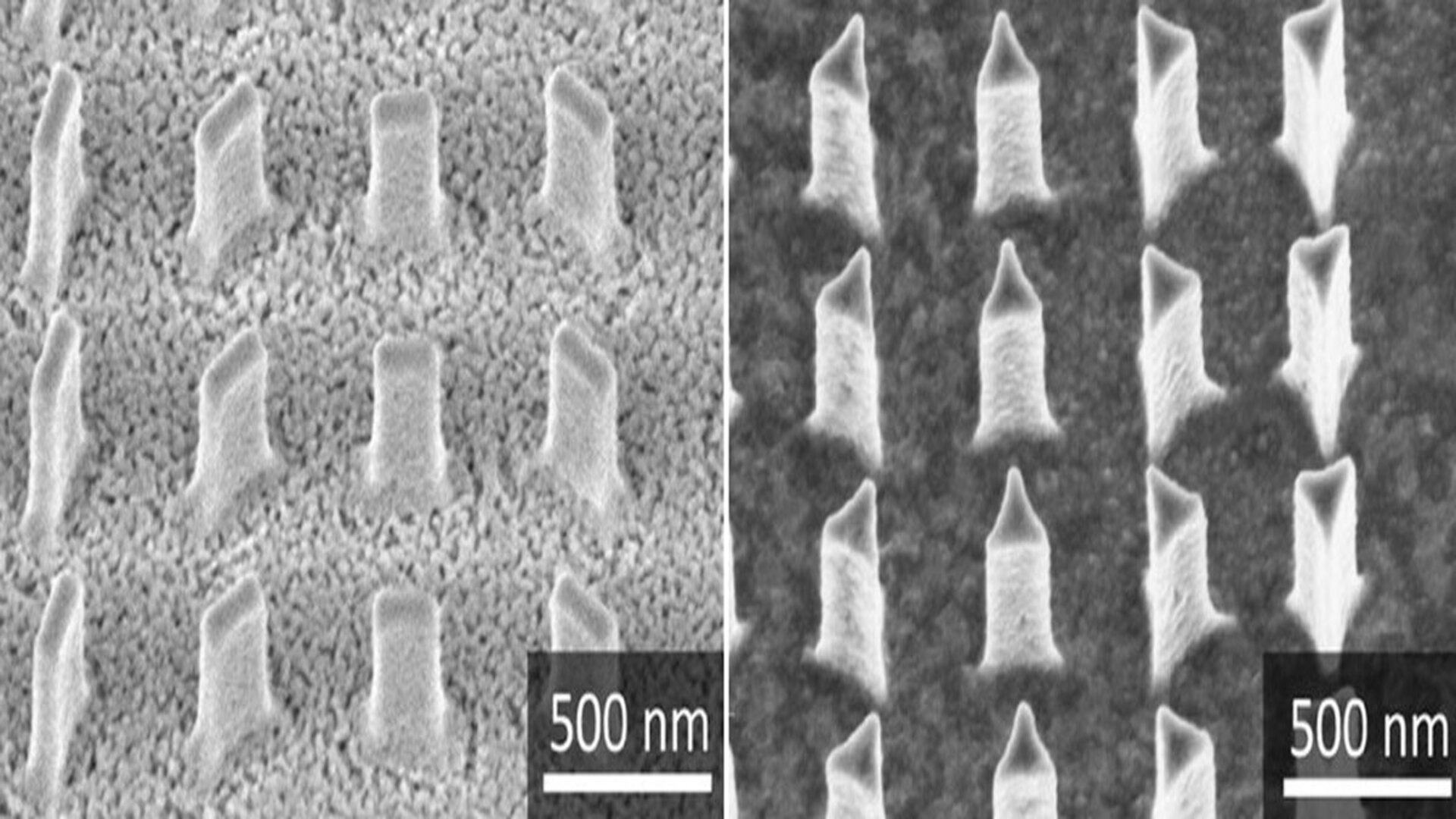 Microscopic image of different nanostructures as used in metalenses.