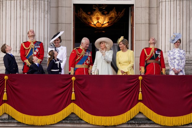 Britain's King Charles III, at centre with Queen Camilla, third right, joined by Prince George, left, Prince William, Prince Louis Princess Charlotte, Kate Princess of Wales, Sophie Duchess of Edinburgh, third right Prince Edward and Lady Louise Windsor on the Balcony at Buckingham Palace after attending the Trooping the Color ceremony, in London, Saturday, June 15, 2024. Trooping the Color is the King's Birthday Parade and one of the nation's most impressive and iconic annual events attended by almost every member of the Royal Family. (AP Photo/Alberto Pezzali)