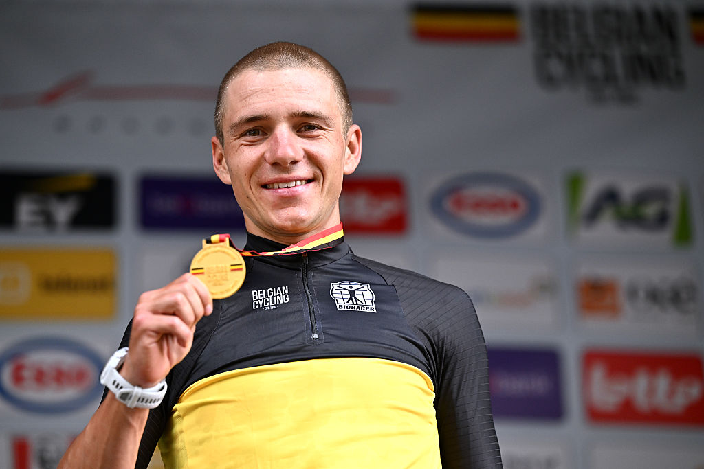BRASSCHAAT, BELGIUM - JUNE 27: Gold medalist Remco Evenepoel of Belgium celebrates winning during the medal ceremony after the 126th Belgian Road Championship 2025 - Men's Elite Individual Time Trial a 40.5km one day race from Brasschaat to Brasschaat on June 27, 2025 in Brasschaat, Belgium. (Photo by Luc Claessen/Getty Images)