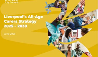 Front page of carers strategy. Liver Bird with images of carers inside.