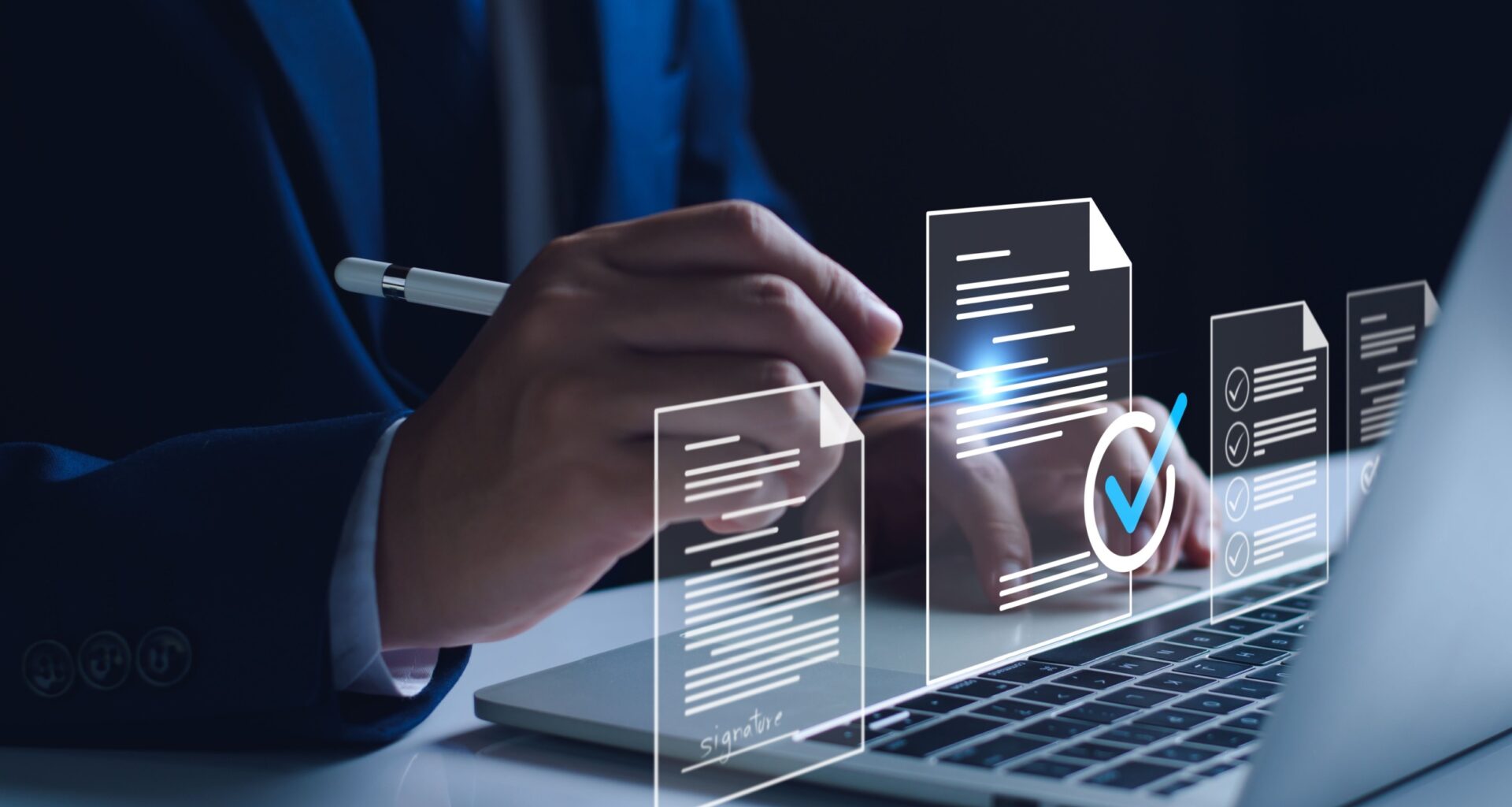 Manager is verifying the validity, security, approving requests, quality assurance, investment contracts. Online digital document work, paperless office. online survey. Checking mark up on check boxes