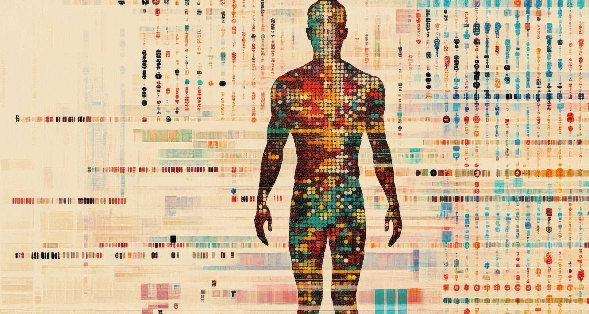 Artistic rendering of a male human body outline with DNA like strands with different colors
