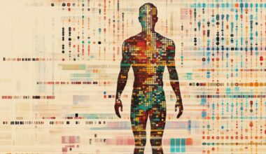 Artistic rendering of a male human body outline with DNA like strands with different colors