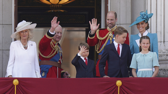 From the left, Queen Camilla, King Charles, Prince William Prince Louis , Prince George, Kate Princess of Wales and Princess Charlott on the balcony of Buckingham Palace during Trooping the Colour in London, Saturday, June 14, 2025. (AP Photo/Alberto Pezzali)(AP)