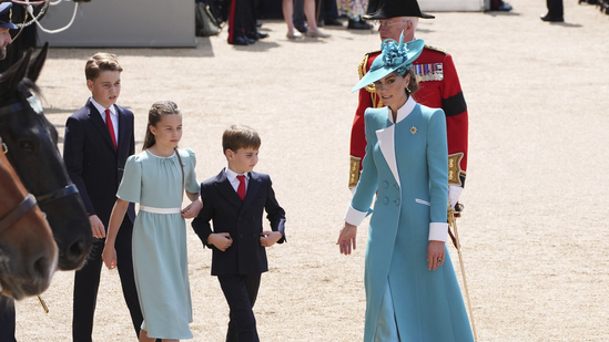 From left, Britain's Prince George, Princess Charlotte, Prince Louis and Kate Princess of Wales during the Trooping the Colour ceremony at Horse Guards Parade, in London, Saturday June 14, 2025. (Jonathan Brady/PA via AP)(AP)