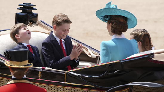 From left, Prince Louis, Prince George, Kate, the Princess of Wales and Princess Charlotte arrive for the Trooping the Colour, the king's annual birthday parade, at Horse Guards Parade, in London, Saturday, June 14, 2025. (Jonathan Brady/PA via AP)(AP)