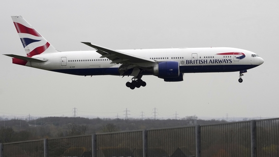 A British Airways plane approaches landing at Heathrow Airport in London on March 22, 2025.(AP)