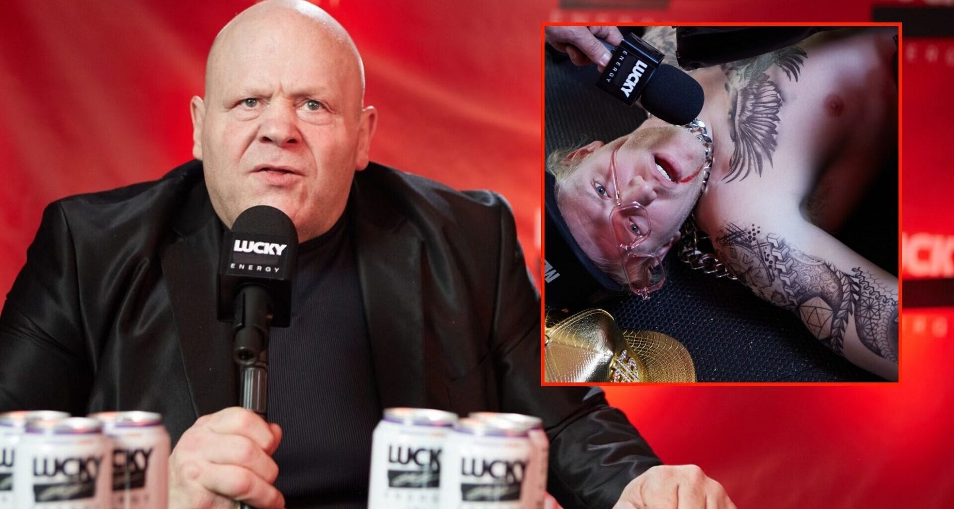 Butterbean speaks into a microphone, inset shows a Jake Paul lookalike knocked out.
