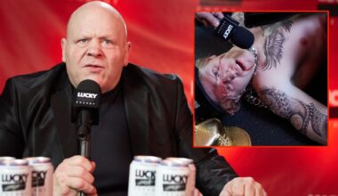Butterbean speaks into a microphone, inset shows a Jake Paul lookalike knocked out.