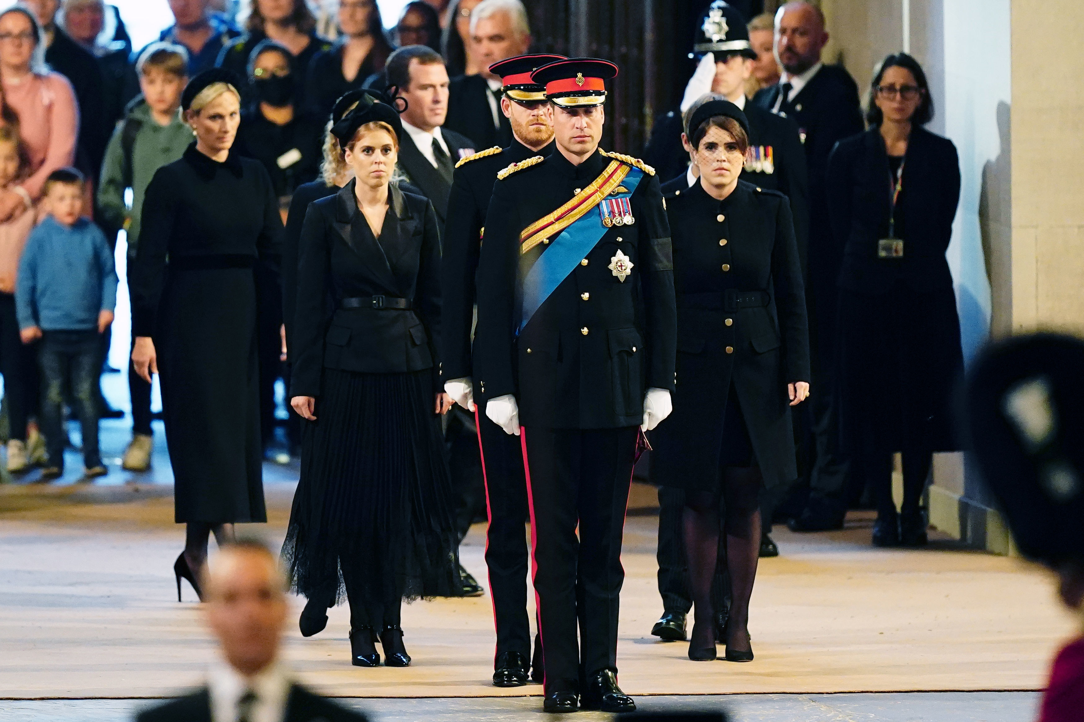 Prince William, Princess Eugenie, Princess Beatrice, Zara Tindall, Prince Harry at a vigil for Queen Elizabeth