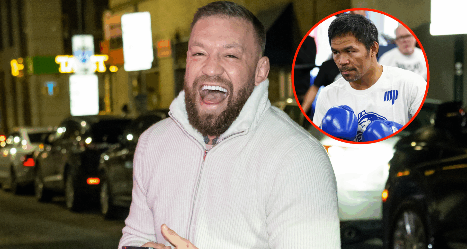 Main photo shows Conor McGregor laughing in a white coat. Bubble shows Manny Pacquiao during a boxing workout