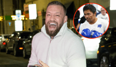 Main photo shows Conor McGregor laughing in a white coat. Bubble shows Manny Pacquiao during a boxing workout